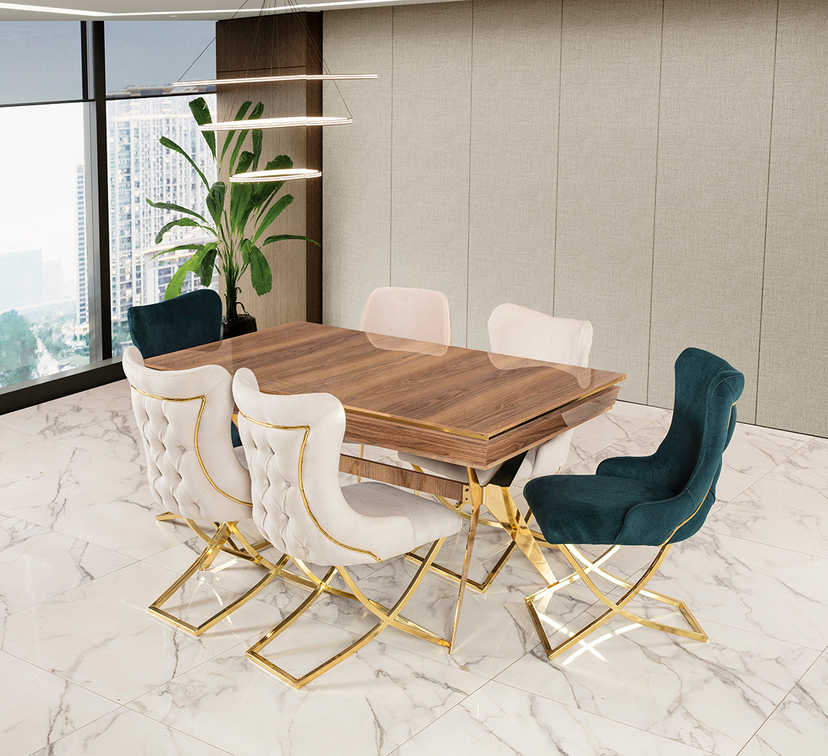 Luxus Esstisch „Nobilis Wood“ – Walnuss-Optik & Goldene Kreuzbeine