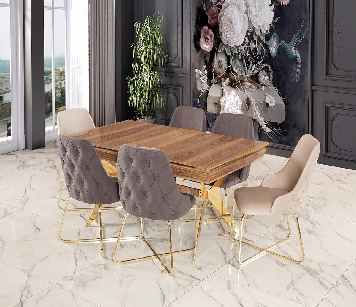 Luxus Esstisch „Nobilis Wood“ – Walnuss-Optik & Goldene Kreuzbeine