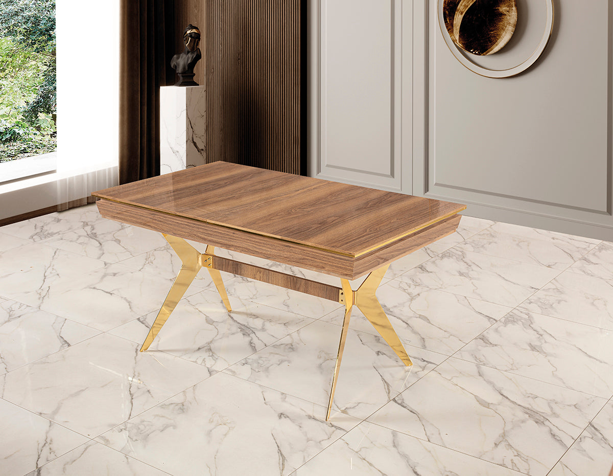 Luxus Esstisch „Nobilis Wood“ – Walnuss-Optik & Goldene Kreuzbeine