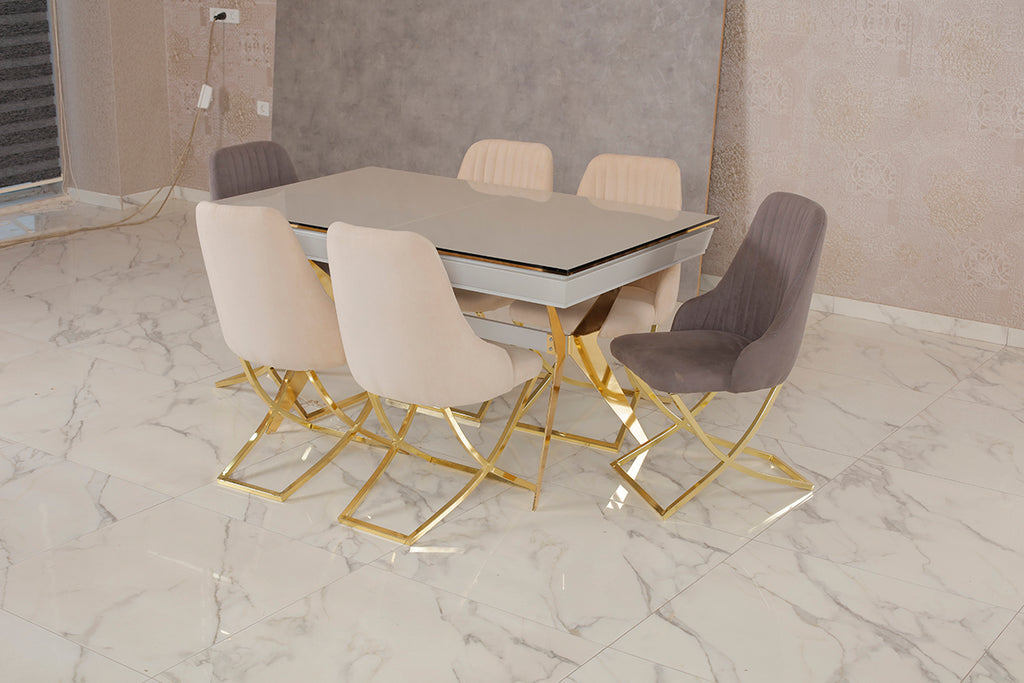 Luxus Esstisch „Aura Gloss“ – Helle Glas-Optik & Goldene X-Designerbeine