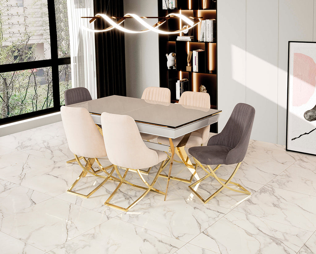 Luxus Esstisch „Aura Gloss“ – Helle Glas-Optik & Goldene X-Designerbeine