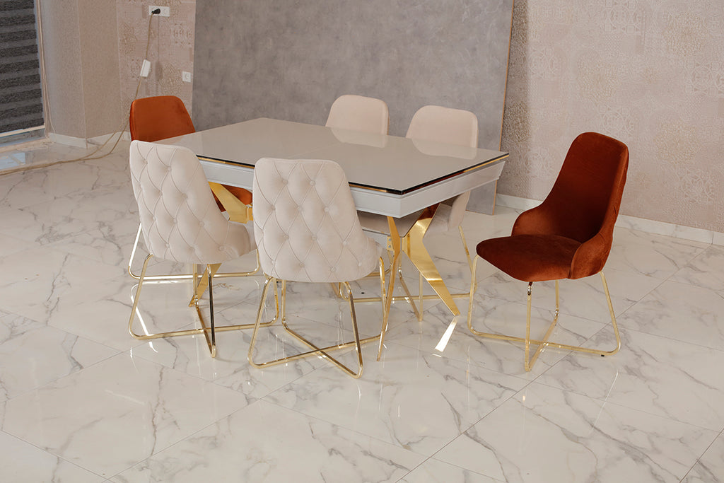 Luxus Esstisch „Aura Gloss“ – Helle Glas-Optik & Goldene X-Designerbeine