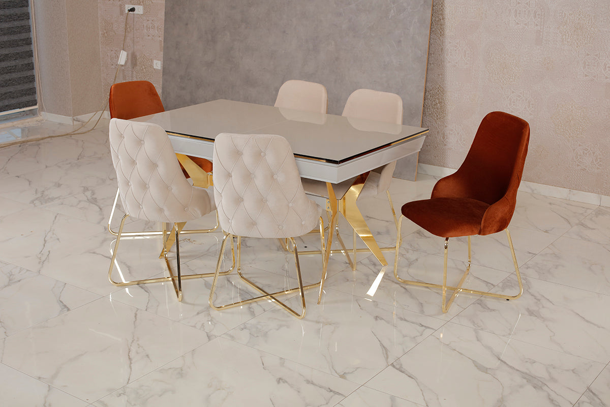 Luxus Esstisch „Aura Gloss“ – Helle Glas-Optik & Goldene X-Designerbeine
