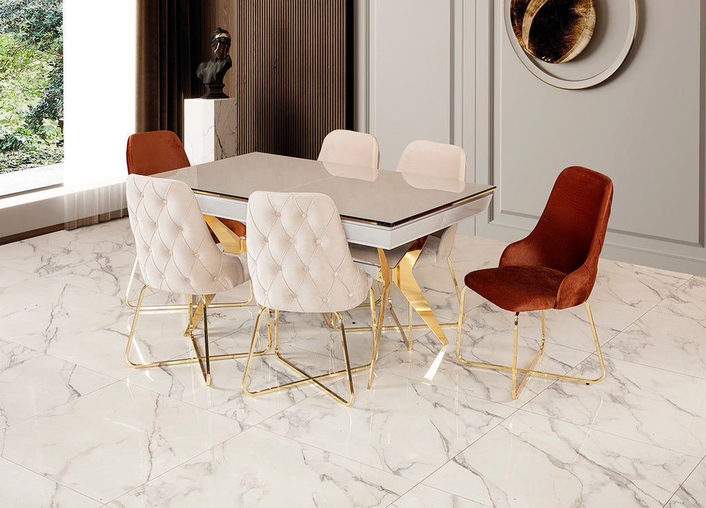 Luxus Esstisch „Aura Gloss“ – Helle Glas-Optik & Goldene X-Designerbeine