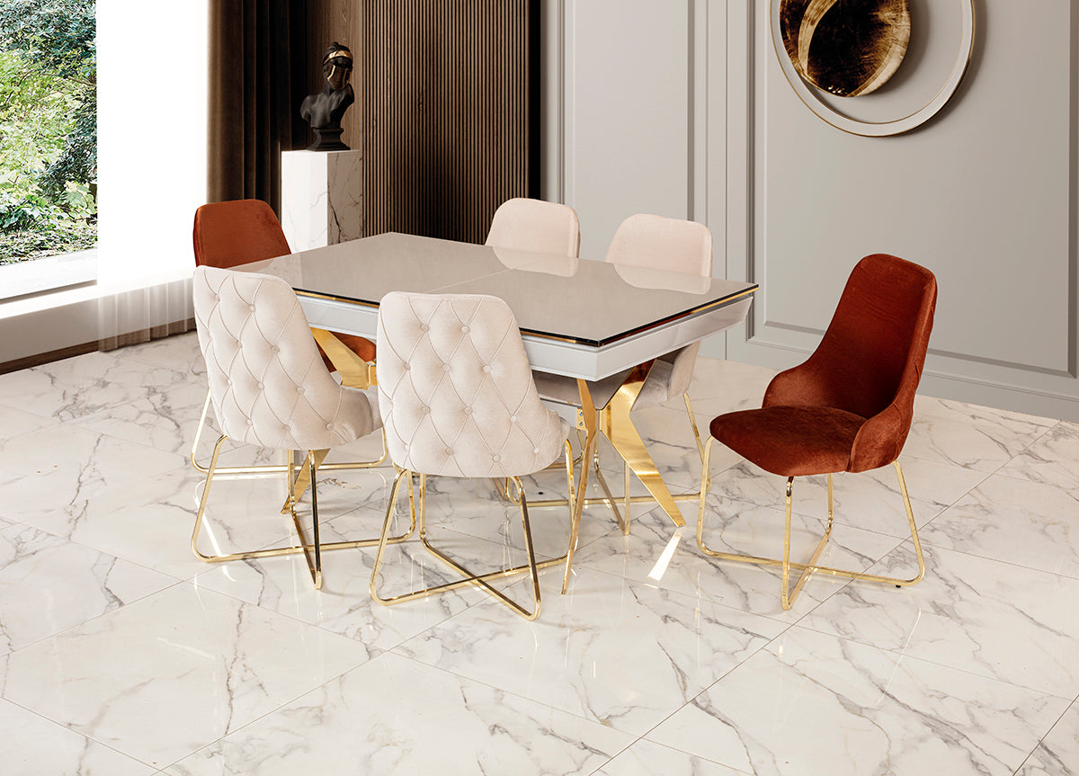 Luxus Esstisch „Aura Gloss“ – Helle Glas-Optik & Goldene X-Designerbeine