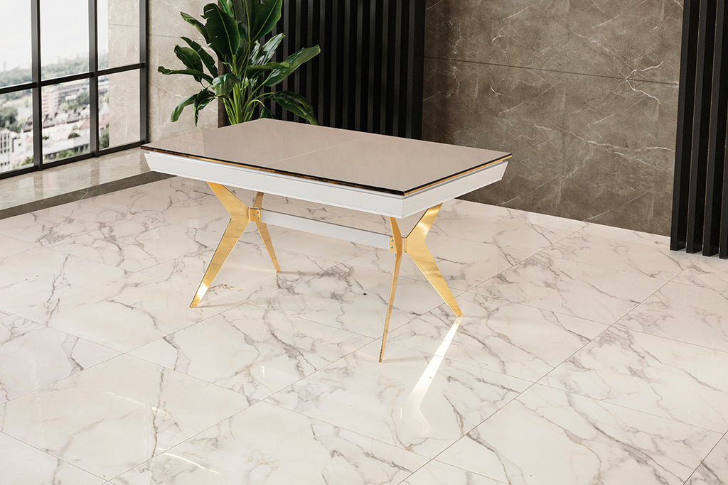 Luxus Esstisch „Aura Gloss“ – Helle Glas-Optik & Goldene X-Designerbeine