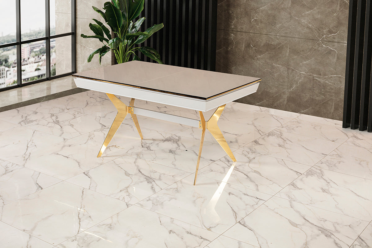 Luxus Esstisch „Aura Gloss“ – Helle Glas-Optik & Goldene X-Designerbeine