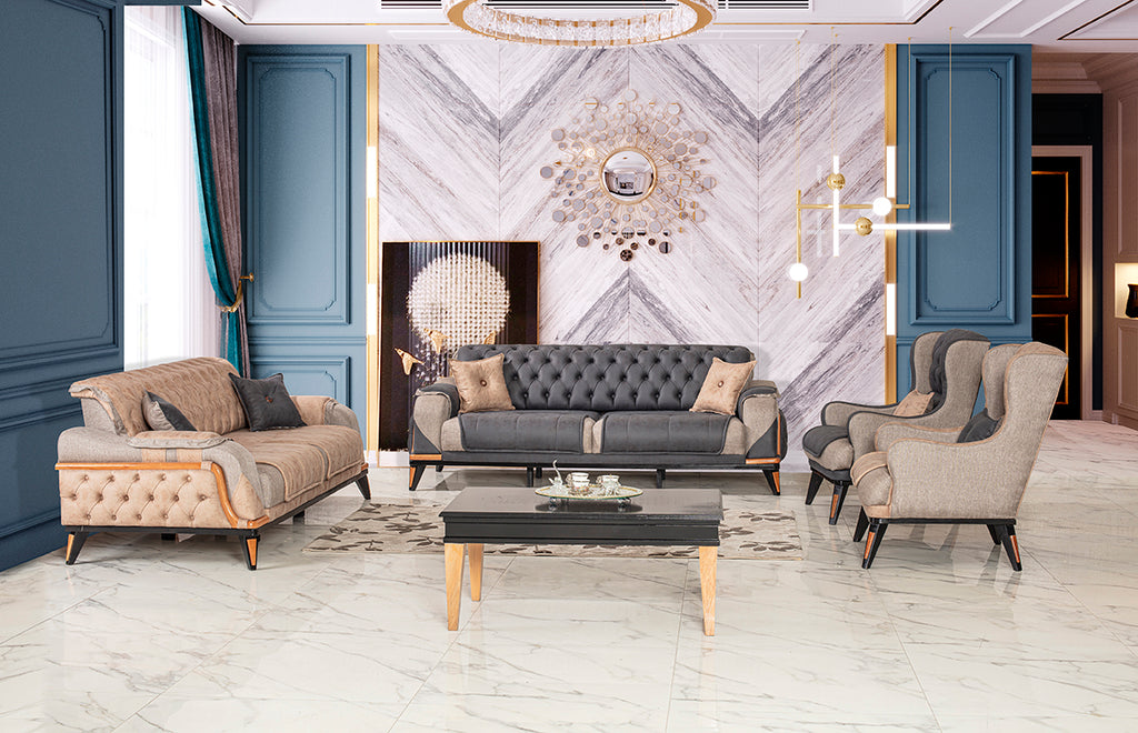 3-Sitzer Designer-Sofa „Velluto Grand“ – Chesterfield-Look in Anthrazit & Greige