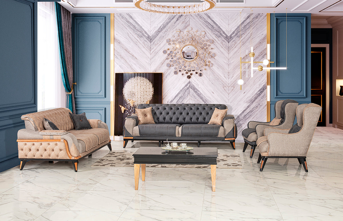 3-Sitzer Designer-Sofa „Velluto Grand“ – Chesterfield-Look in Anthrazit & Greige