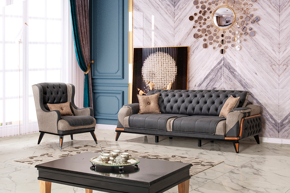 3-Sitzer Designer-Sofa „Velluto Grand“ – Chesterfield-Look in Anthrazit & Greige