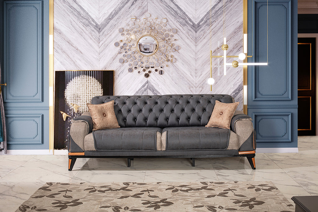 3-Sitzer Designer-Sofa „Velluto Grand“ – Chesterfield-Look in Anthrazit & Greige