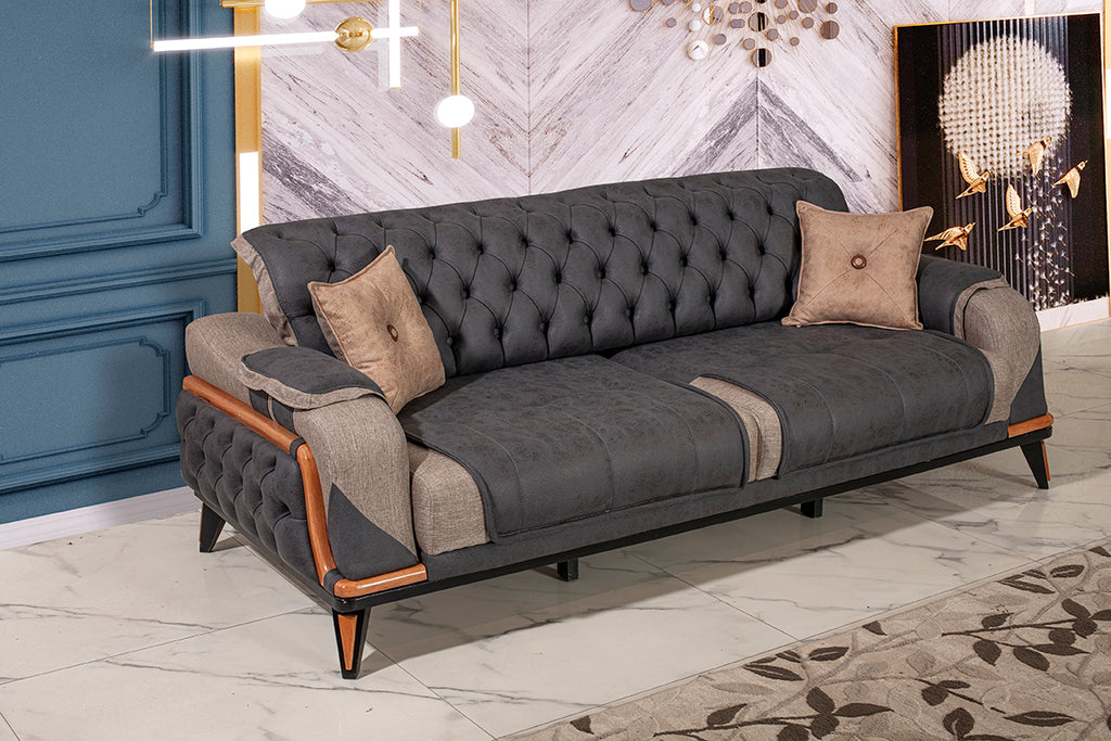 3-Sitzer Designer-Sofa „Velluto Grand“ – Chesterfield-Look in Anthrazit & Greige