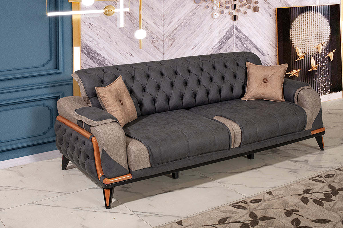 3-Sitzer Designer-Sofa „Velluto Grand“ – Chesterfield-Look in Anthrazit & Greige