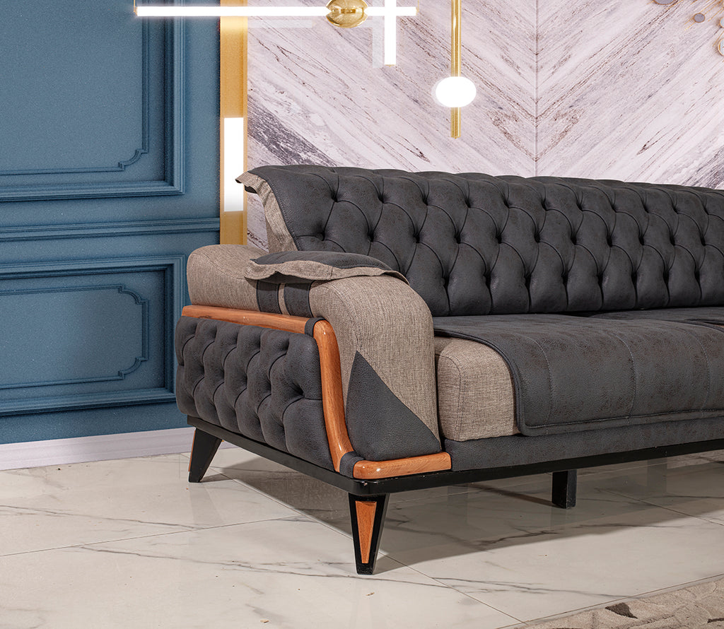 3-Sitzer Designer-Sofa „Velluto Grand“ – Chesterfield-Look in Anthrazit & Greige