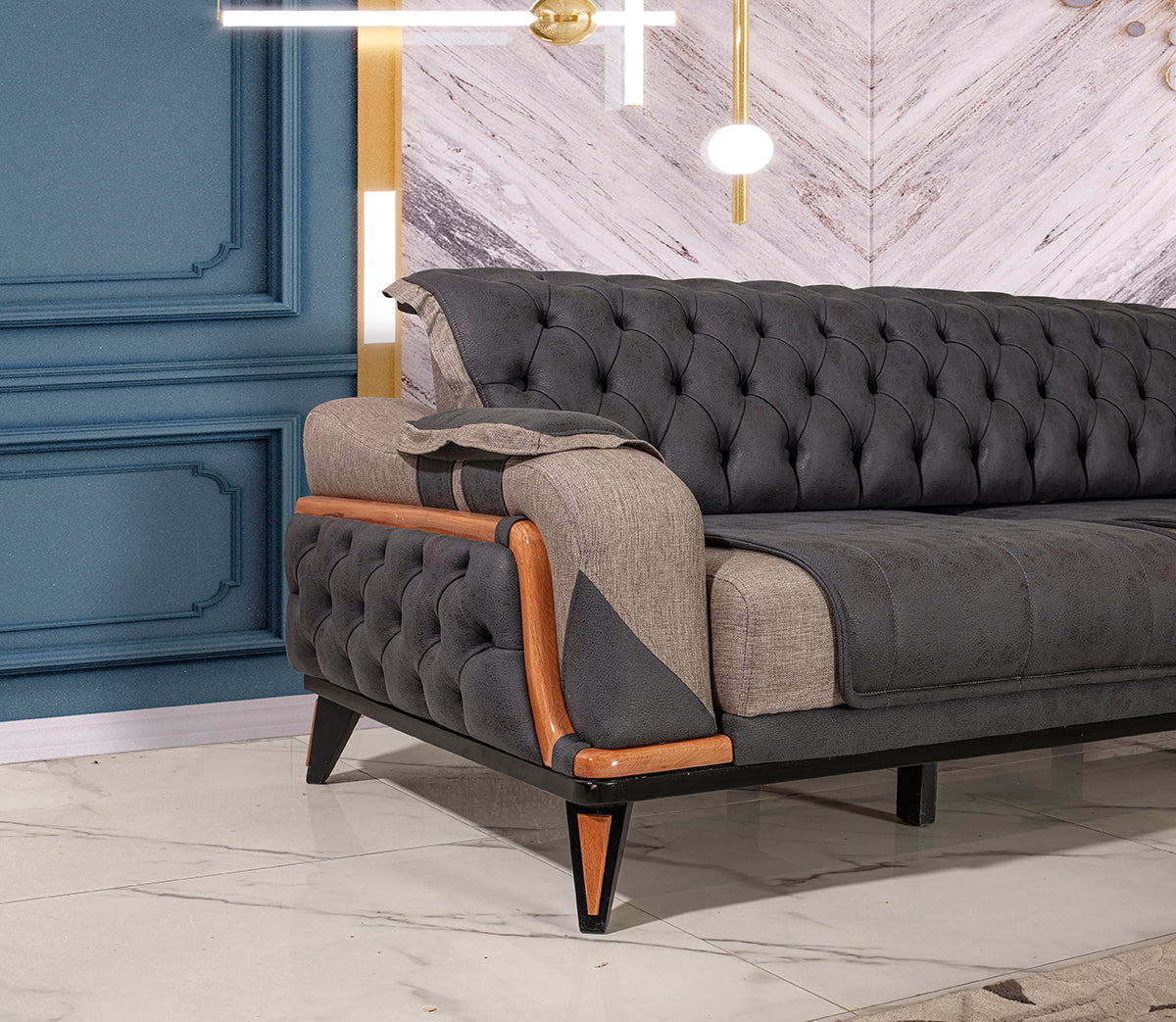3-Sitzer Designer-Sofa „Velluto Grand“ – Chesterfield-Look in Anthrazit & Greige