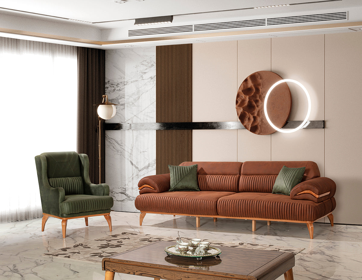 3-Sitzer Designer-Sofa „Terra Elegance“ – Feinste Riffel-Steppung & Cognac-Ton