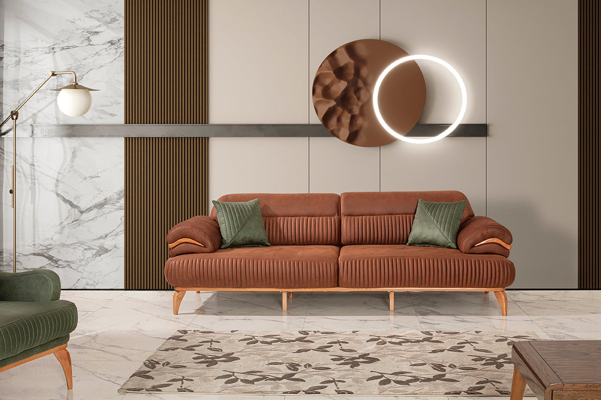3-Sitzer Designer-Sofa „Terra Elegance“ – Feinste Riffel-Steppung & Cognac-Ton