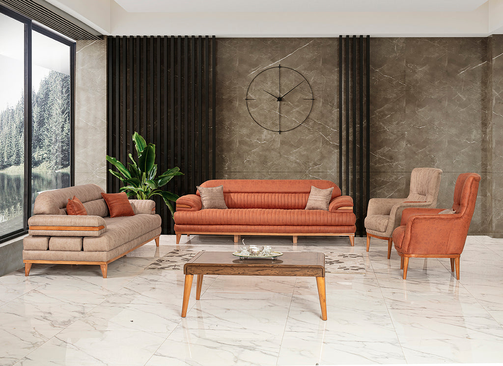 3-Sitzer Designer-Sofa „Sienna Rust“ – Feine Riffel-Steppung in Terracotta