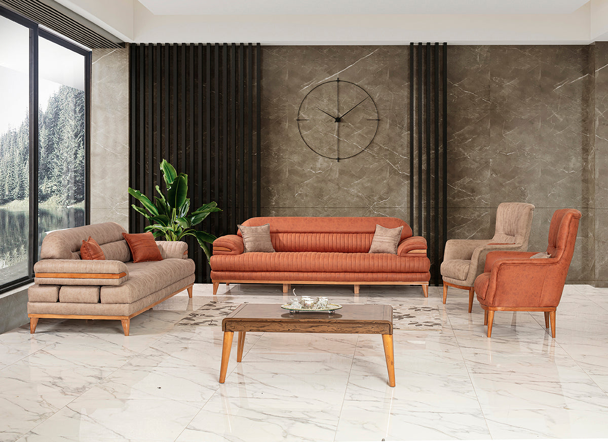 3-Sitzer Designer-Sofa „Sienna Rust“ – Feine Riffel-Steppung in Terracotta