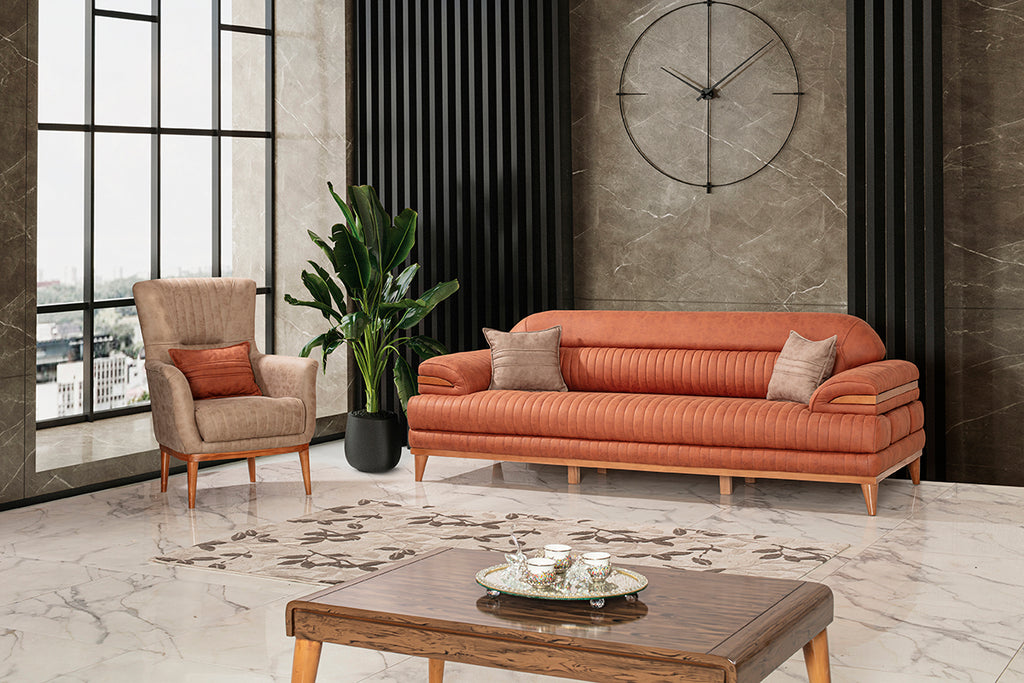 3-Sitzer Designer-Sofa „Sienna Rust“ – Feine Riffel-Steppung in Terracotta