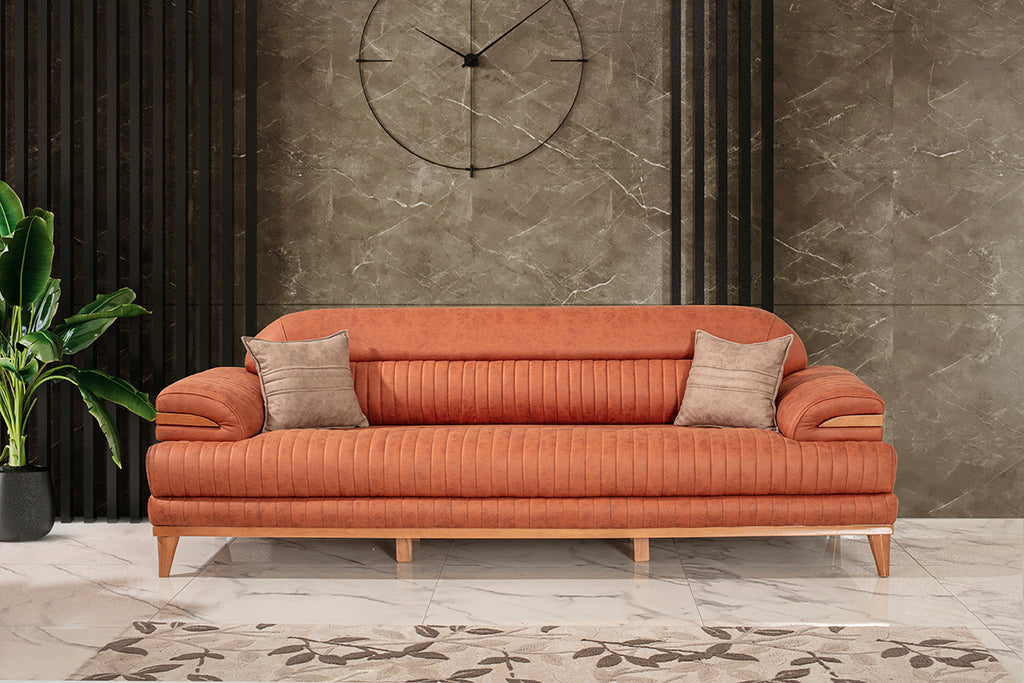 3-Sitzer Designer-Sofa „Sienna Rust“ – Feine Riffel-Steppung in Terracotta