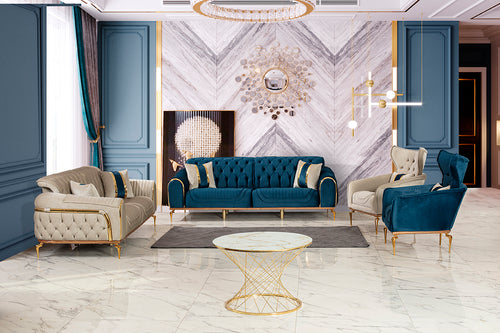 3-Sitzer Designer-Sofa „Royal Sapphire“ – Samt in Petrolblau & Gold-Details