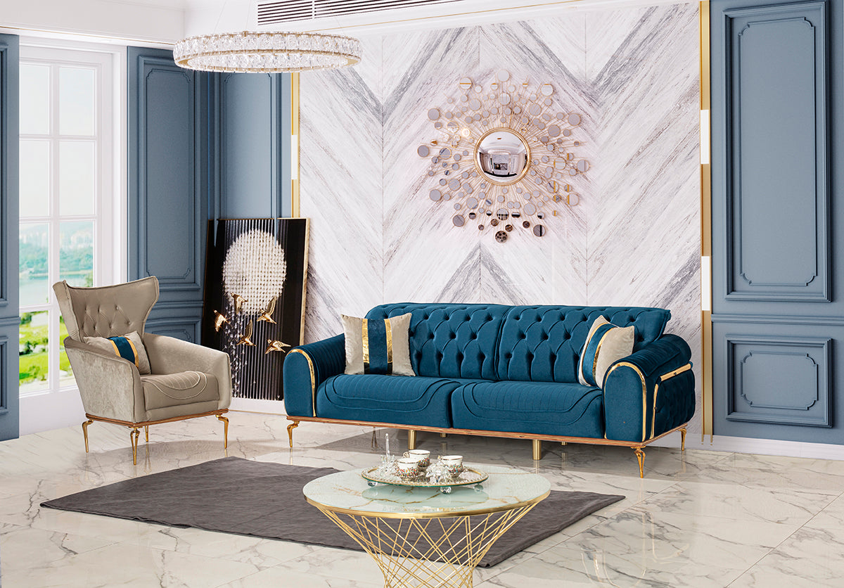 3-Sitzer Designer-Sofa „Royal Sapphire“ – Samt in Petrolblau & Gold-Details
