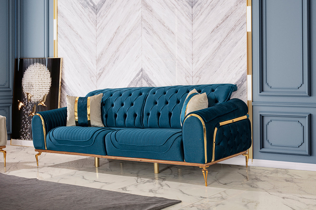 3-Sitzer Designer-Sofa „Royal Sapphire“ – Samt in Petrolblau & Gold-Details