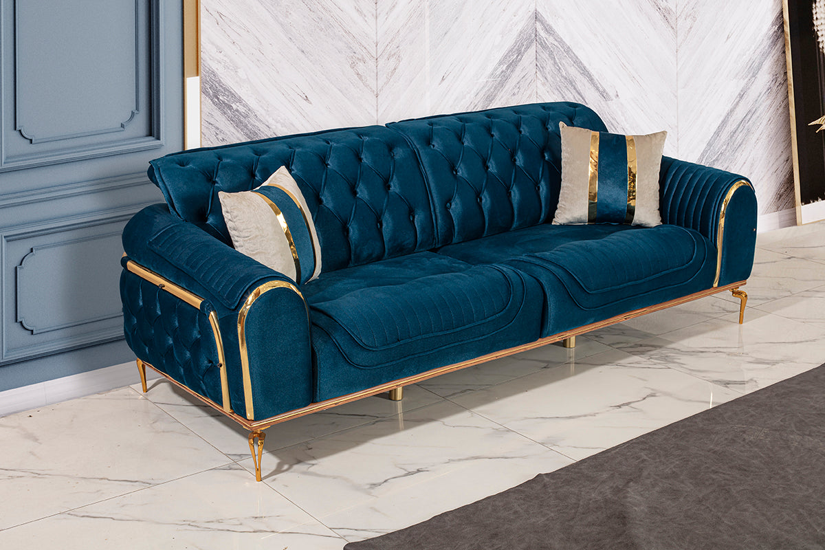 3-Sitzer Designer-Sofa „Royal Sapphire“ – Samt in Petrolblau & Gold-Details